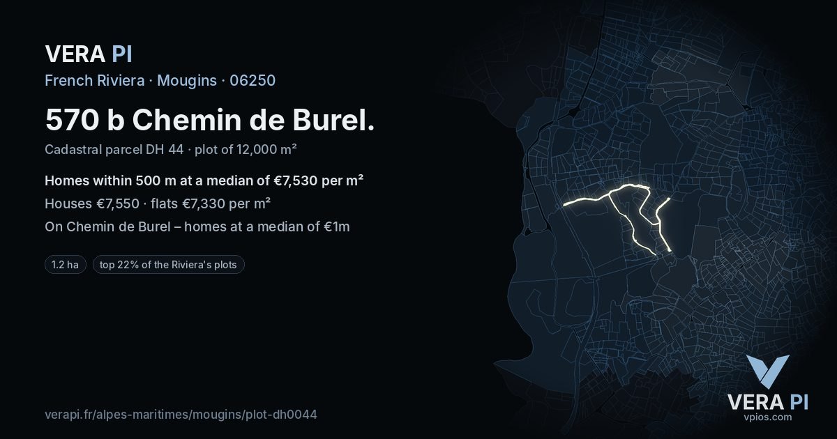 570 b Chemin de Burel, Mougins at night – the plot lit, the parcels around coloured by the prices near them