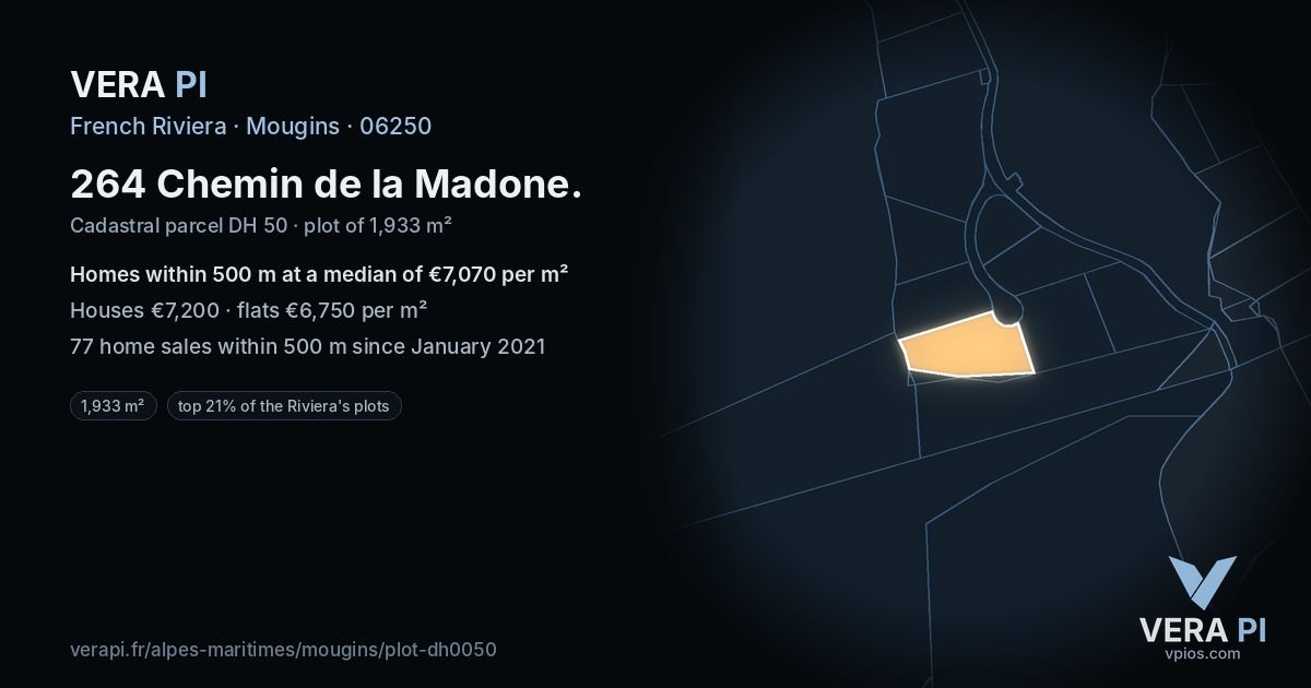 264 Chemin de la Madone, Mougins at night – the plot lit, the parcels around coloured by the prices near them