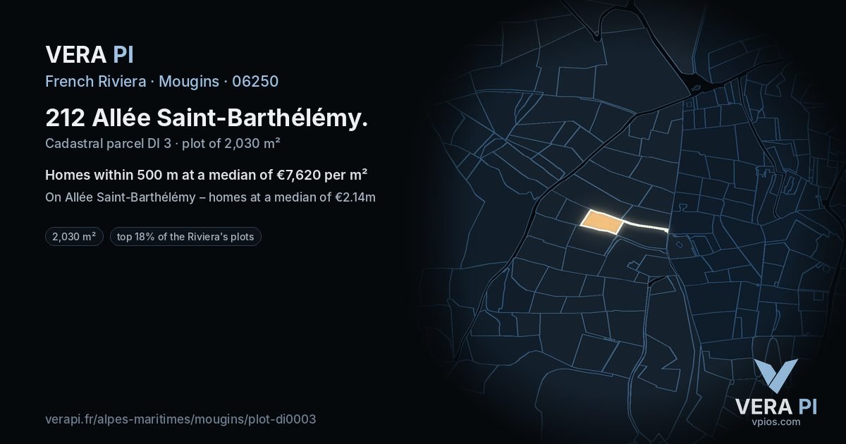 212 Allée Saint-Barthélémy, Mougins at night – the plot lit, the parcels around coloured by the prices near them