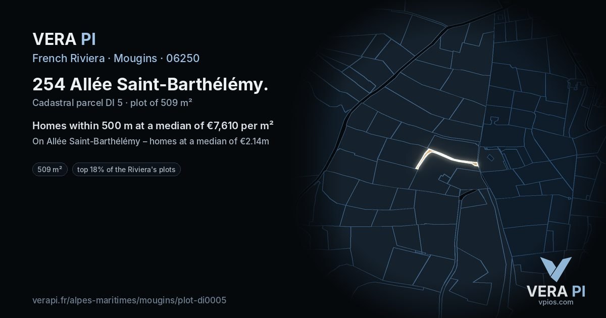 254 Allée Saint-Barthélémy, Mougins at night – the plot lit, the parcels around coloured by the prices near them