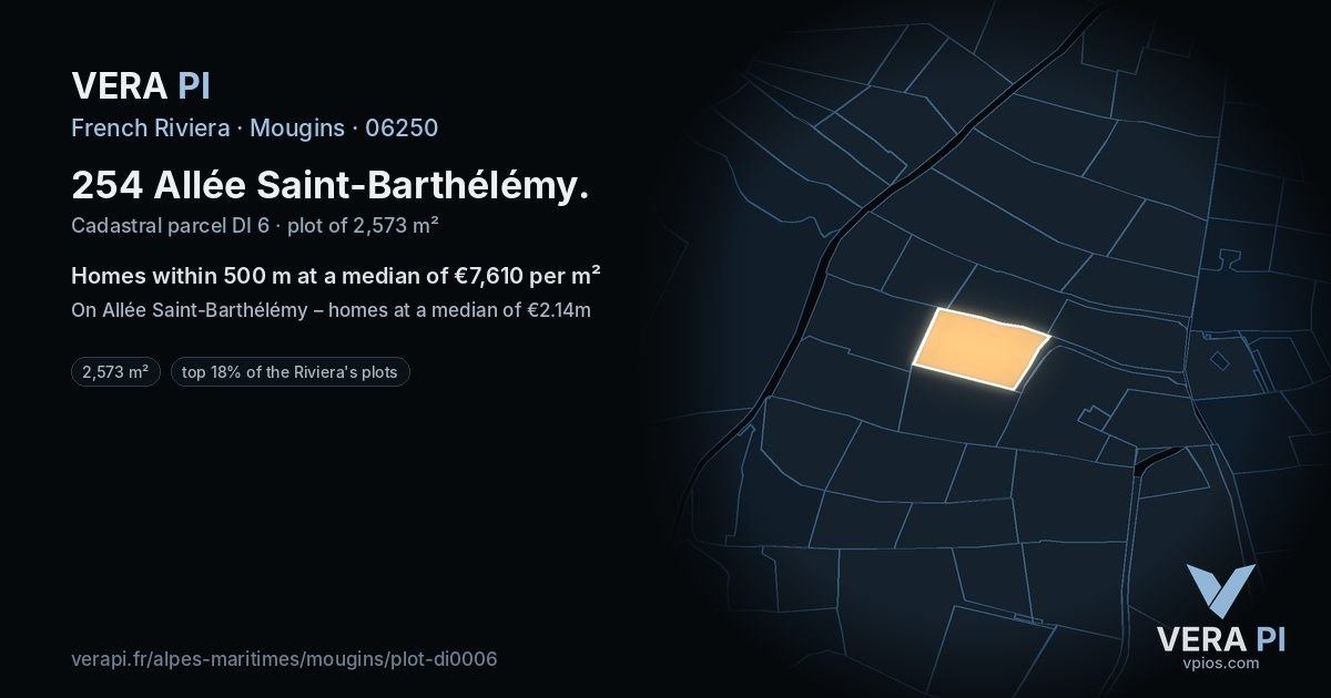 254 Allée Saint-Barthélémy, Mougins at night – the plot lit, the parcels around coloured by the prices near them