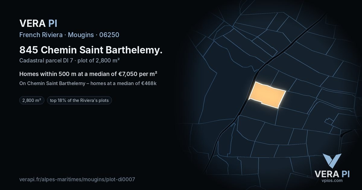 845 Chemin Saint Barthelemy, Mougins at night – the plot lit, the parcels around coloured by the prices near them
