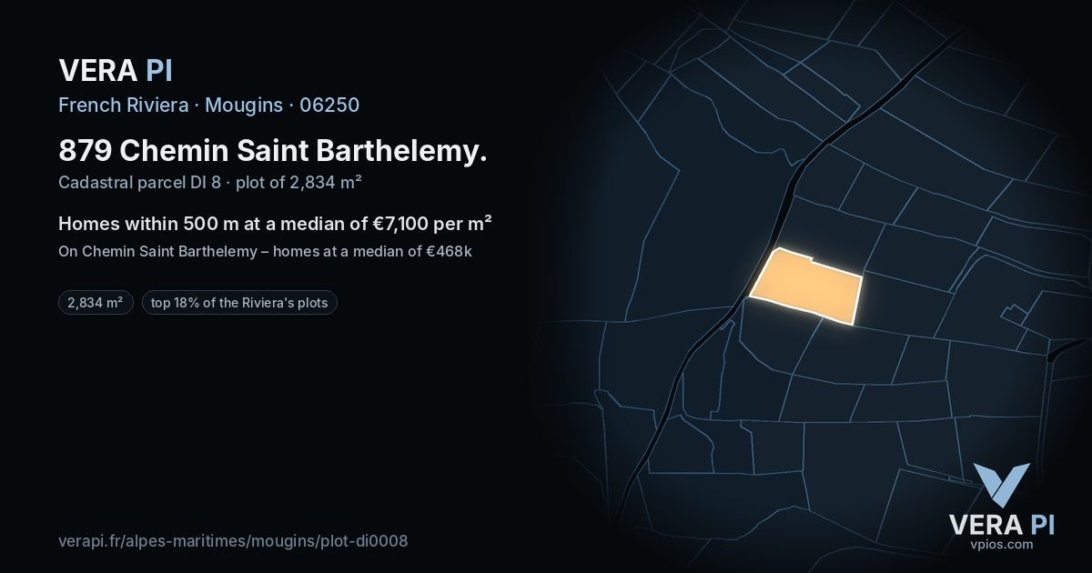 879 Chemin Saint Barthelemy, Mougins at night – the plot lit, the parcels around coloured by the prices near them