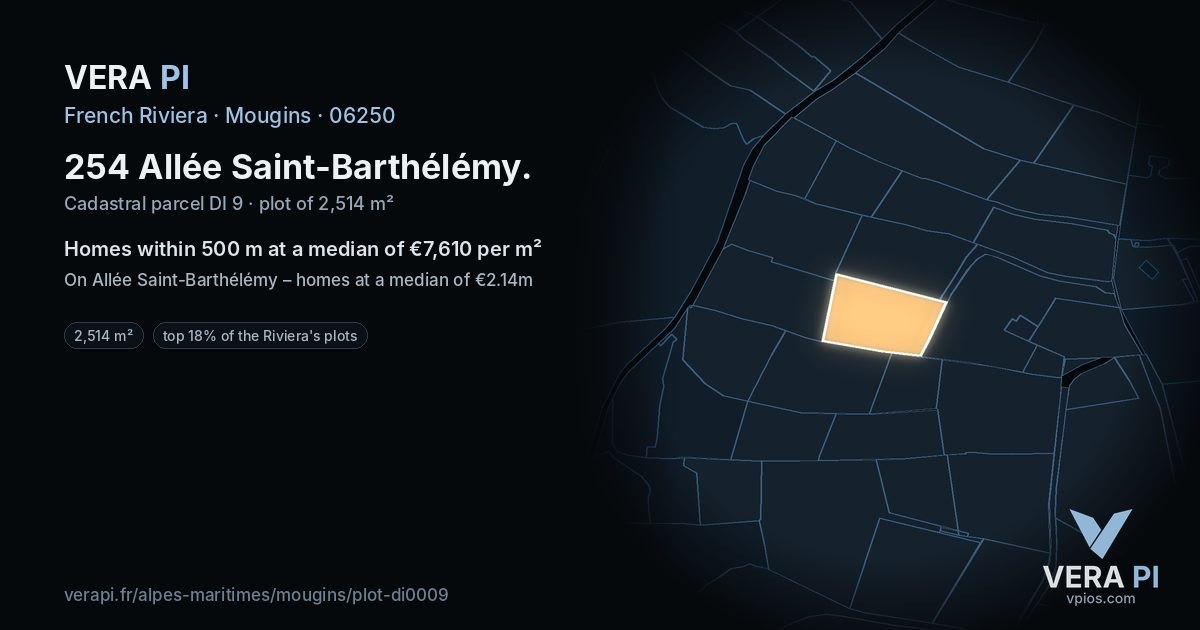 254 Allée Saint-Barthélémy, Mougins at night – the plot lit, the parcels around coloured by the prices near them
