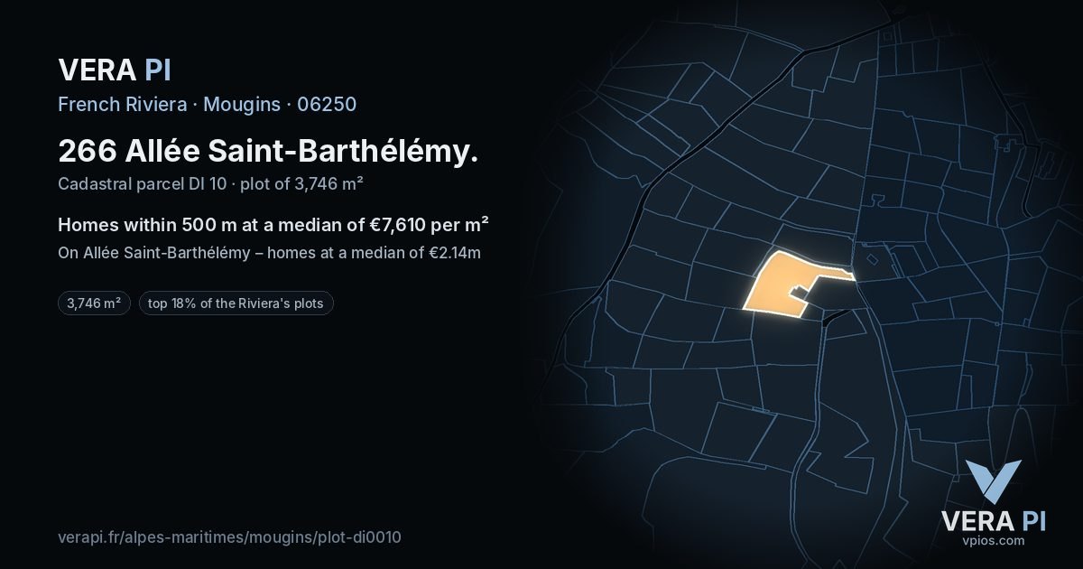 266 Allée Saint-Barthélémy, Mougins at night – the plot lit, the parcels around coloured by the prices near them
