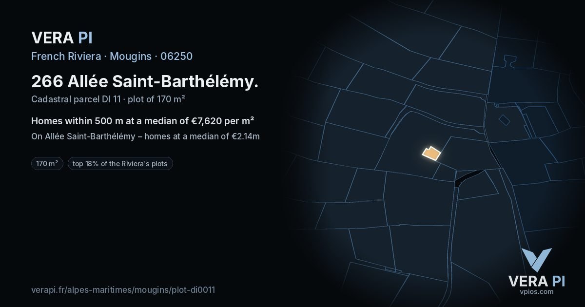 266 Allée Saint-Barthélémy, Mougins at night – the plot lit, the parcels around coloured by the prices near them