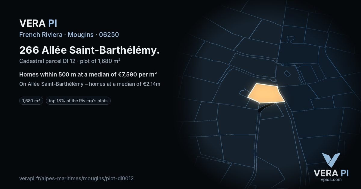 266 Allée Saint-Barthélémy, Mougins at night – the plot lit, the parcels around coloured by the prices near them