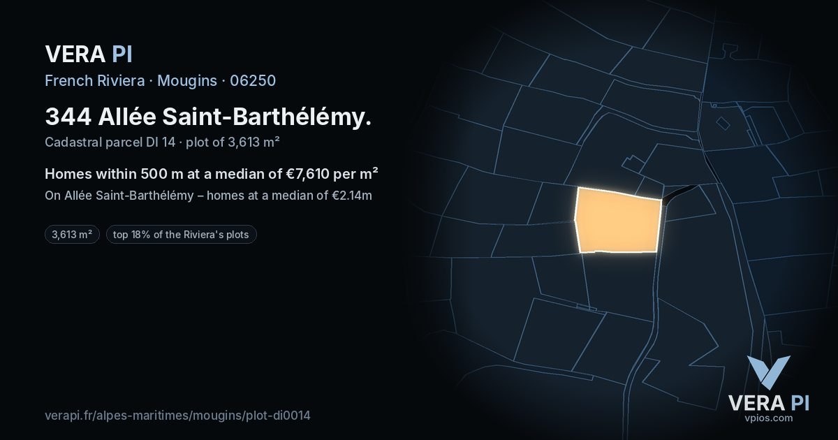 344 Allée Saint-Barthélémy, Mougins at night – the plot lit, the parcels around coloured by the prices near them