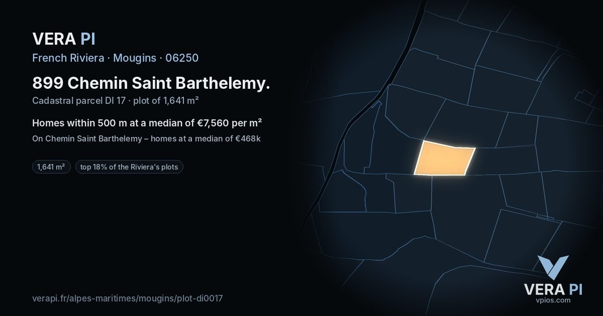 899 Chemin Saint Barthelemy, Mougins at night – the plot lit, the parcels around coloured by the prices near them