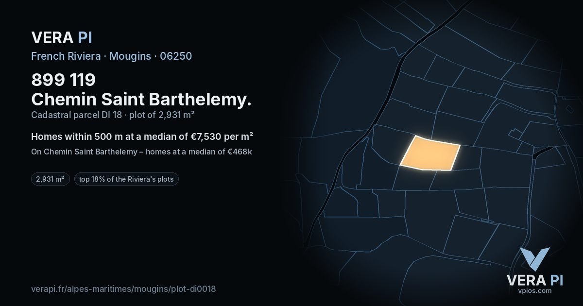 899 119 Chemin Saint Barthelemy, Mougins at night – the plot lit, the parcels around coloured by the prices near them