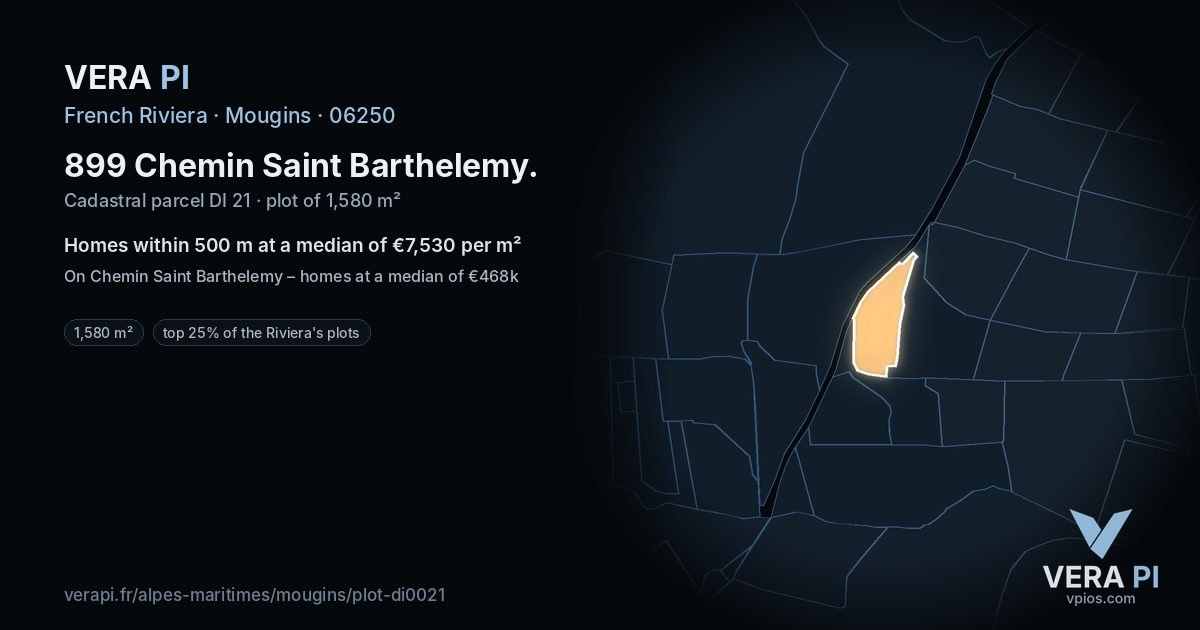899 Chemin Saint Barthelemy, Mougins at night – the plot lit, the parcels around coloured by the prices near them