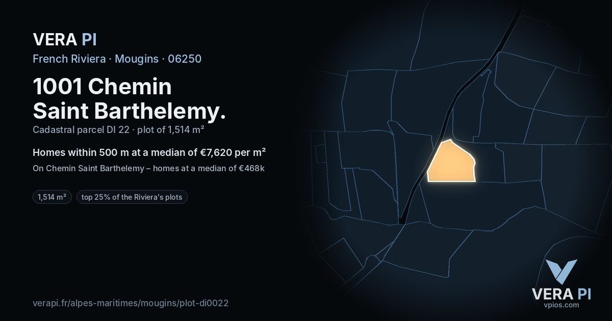 1001 Chemin Saint Barthelemy, Mougins at night – the plot lit, the parcels around coloured by the prices near them