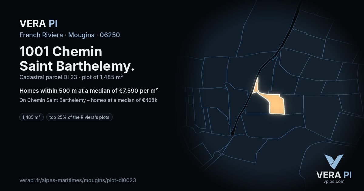 1001 Chemin Saint Barthelemy, Mougins at night – the plot lit, the parcels around coloured by the prices near them