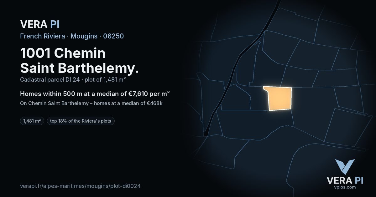 1001 Chemin Saint Barthelemy, Mougins at night – the plot lit, the parcels around coloured by the prices near them