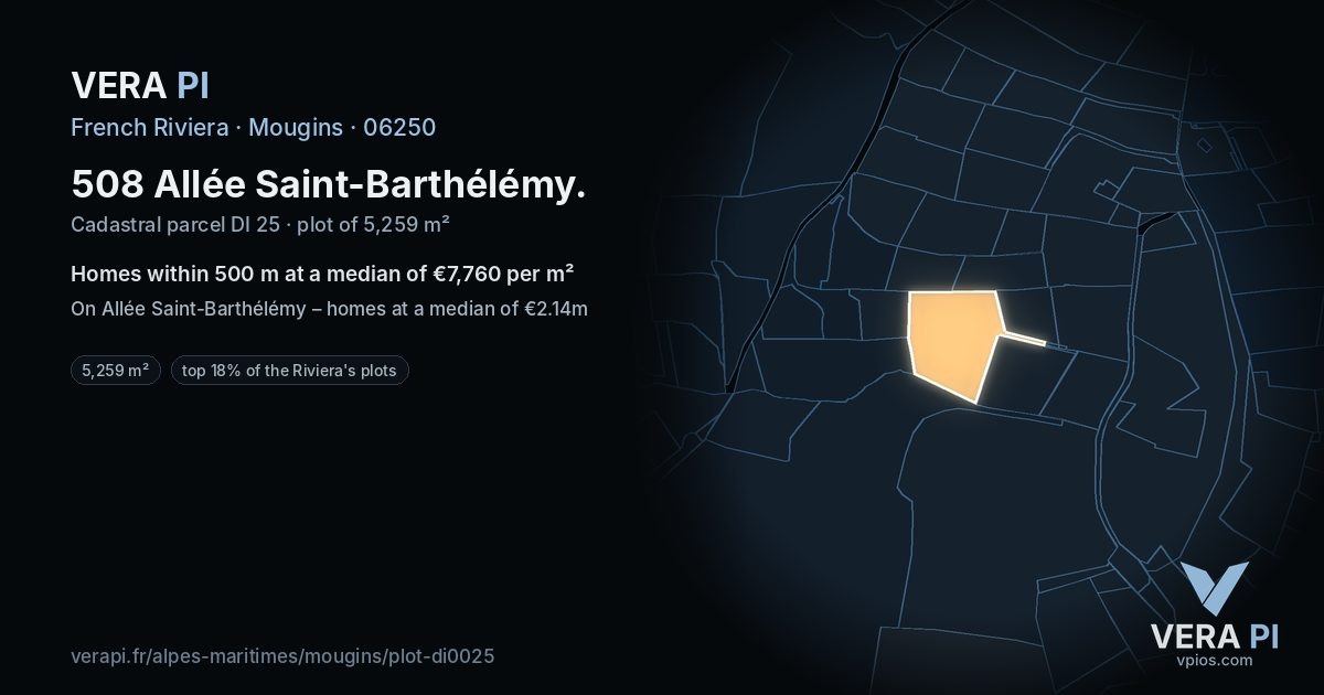 508 Allée Saint-Barthélémy, Mougins at night – the plot lit, the parcels around coloured by the prices near them