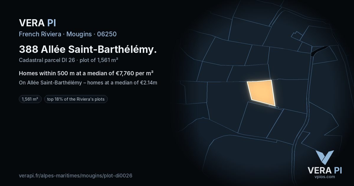 388 Allée Saint-Barthélémy, Mougins at night – the plot lit, the parcels around coloured by the prices near them