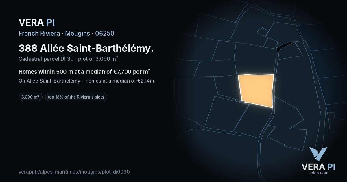 388 Allée Saint-Barthélémy, Mougins at night – the plot lit, the parcels around coloured by the prices near them