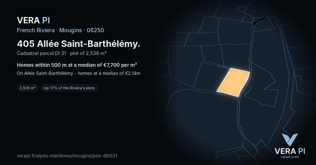 405 Allée Saint-Barthélémy, Mougins at night – the plot lit, the parcels around coloured by the prices near them