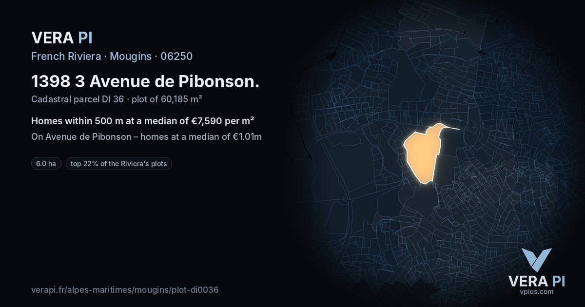 1398 3 Avenue de Pibonson, Mougins at night – the plot lit, the parcels around coloured by the prices near them