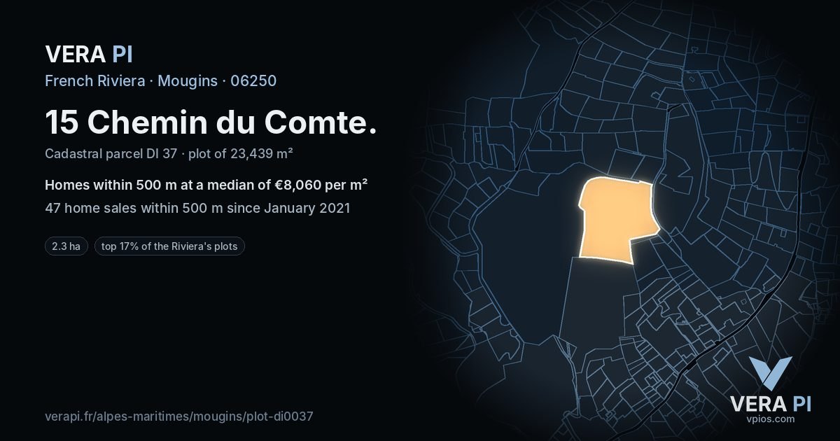 15 Chemin du Comte, Mougins at night – the plot lit, the parcels around coloured by the prices near them