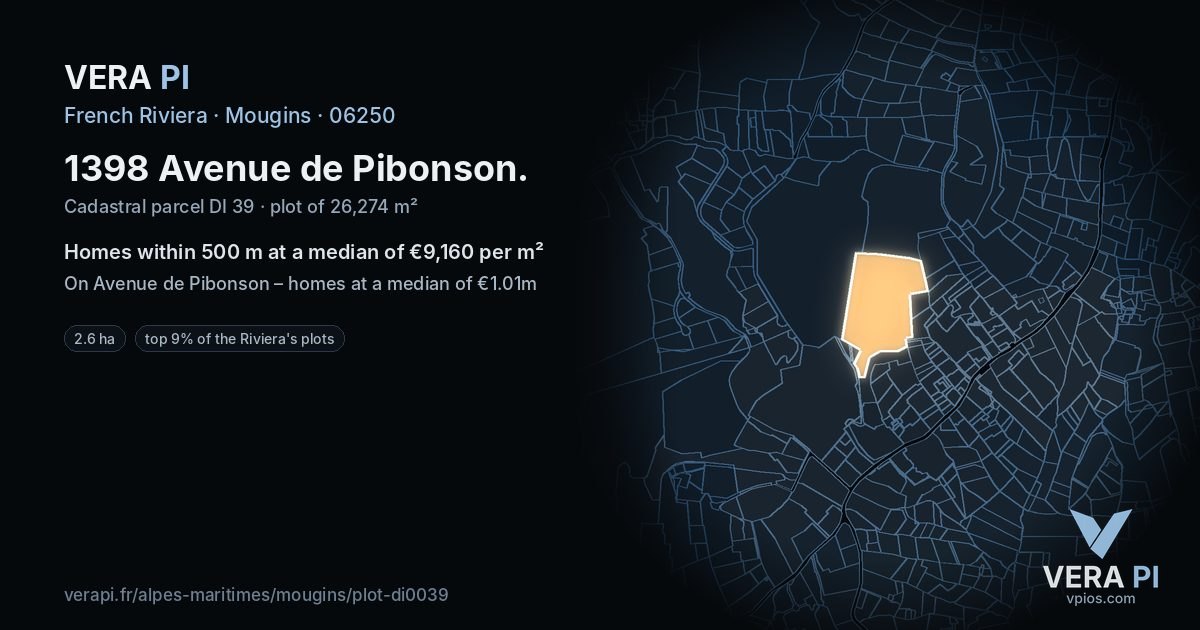 1398 Avenue de Pibonson, Mougins at night – the plot lit, the parcels around coloured by the prices near them