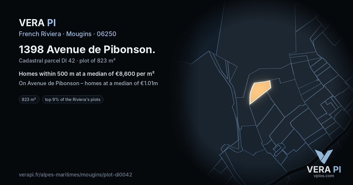 1398 Avenue de Pibonson, Mougins at night – the plot lit, the parcels around coloured by the prices near them