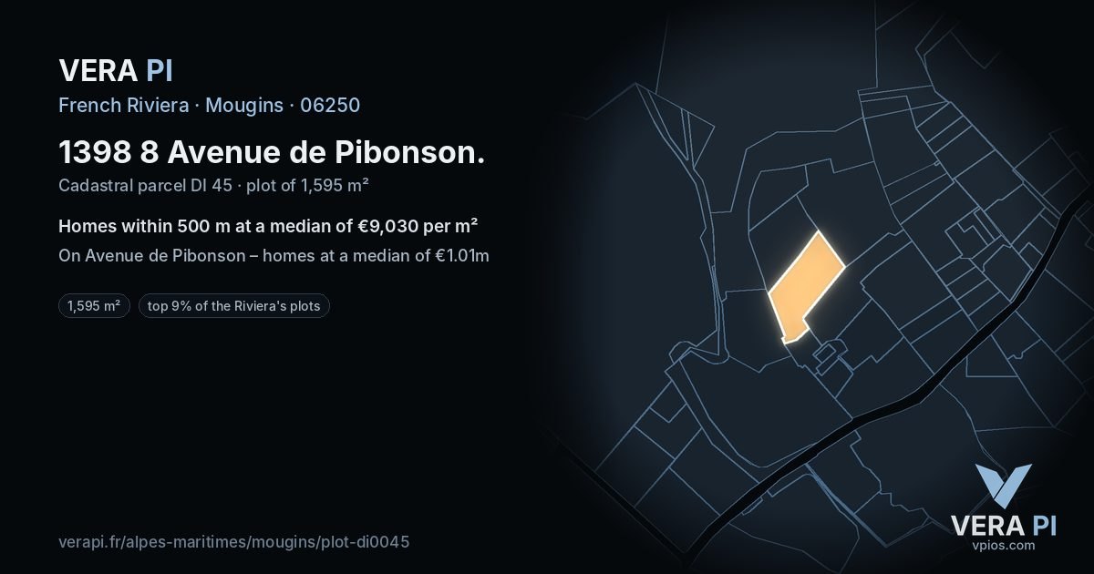 1398 8 Avenue de Pibonson, Mougins at night – the plot lit, the parcels around coloured by the prices near them