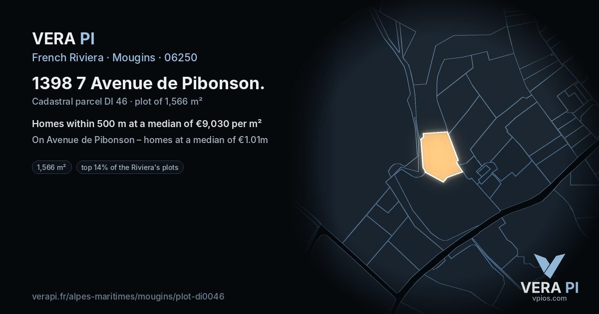 1398 7 Avenue de Pibonson, Mougins at night – the plot lit, the parcels around coloured by the prices near them