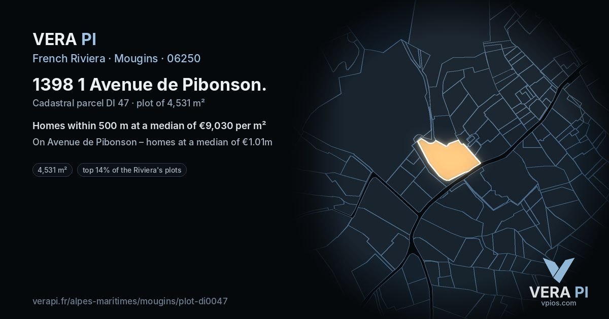 1398 1 Avenue de Pibonson, Mougins at night – the plot lit, the parcels around coloured by the prices near them