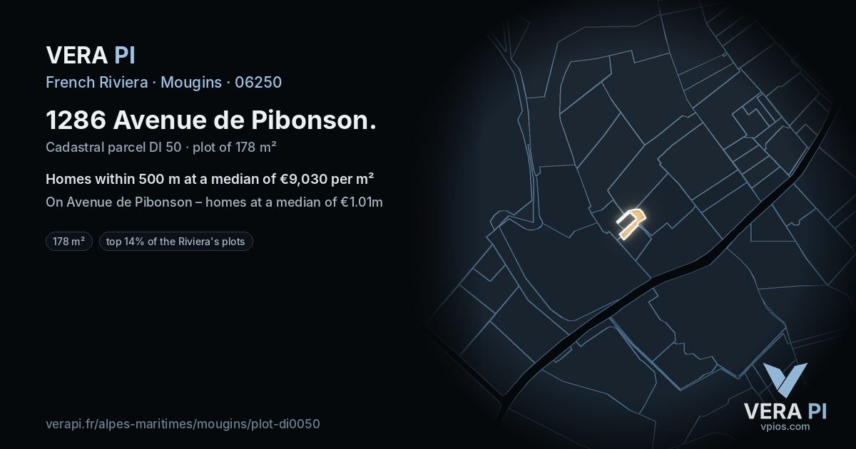 1286 Avenue de Pibonson, Mougins at night – the plot lit, the parcels around coloured by the prices near them