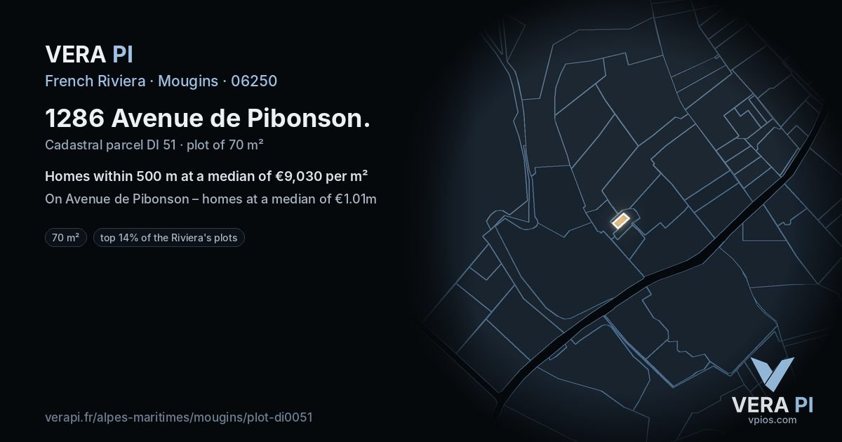 1286 Avenue de Pibonson, Mougins at night – the plot lit, the parcels around coloured by the prices near them