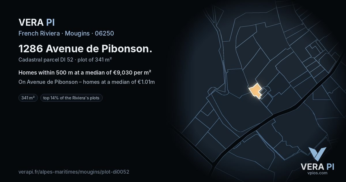 1286 Avenue de Pibonson, Mougins at night – the plot lit, the parcels around coloured by the prices near them