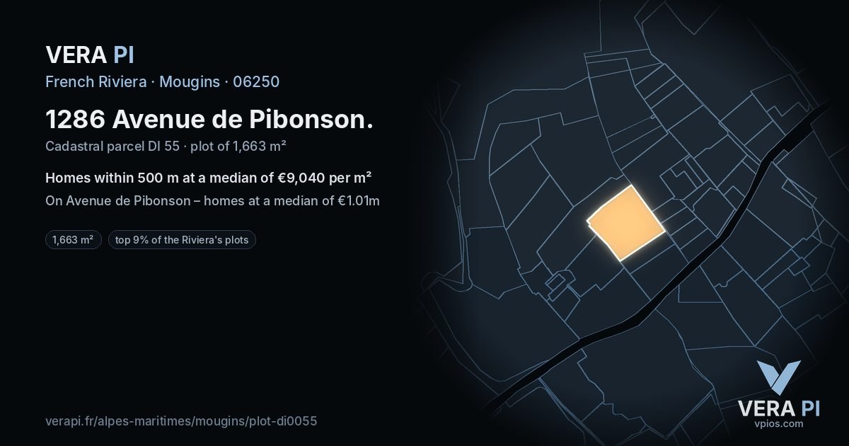 1286 Avenue de Pibonson, Mougins at night – the plot lit, the parcels around coloured by the prices near them