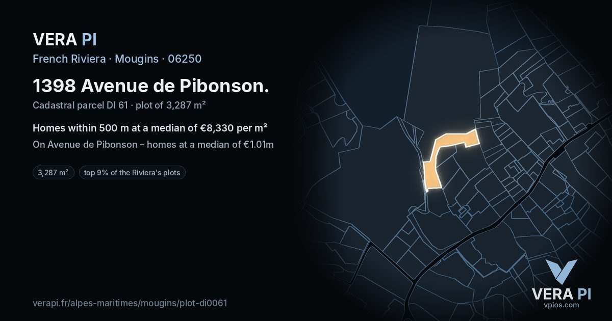 1398 Avenue de Pibonson, Mougins at night – the plot lit, the parcels around coloured by the prices near them