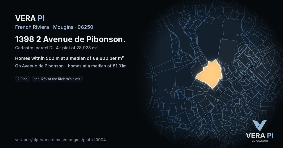 1398 2 Avenue de Pibonson, Mougins at night – the plot lit, the parcels around coloured by the prices near them