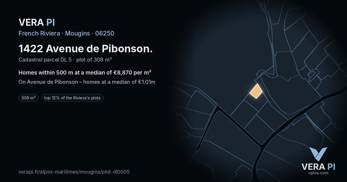 1422 Avenue de Pibonson, Mougins at night – the plot lit, the parcels around coloured by the prices near them