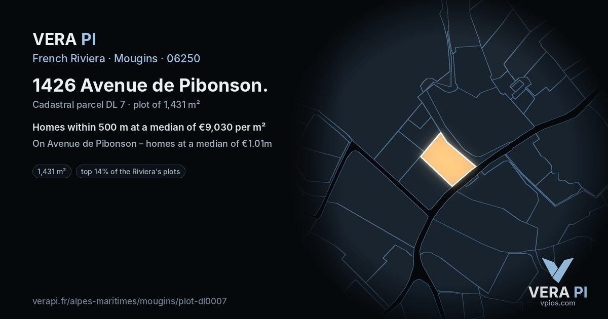 1426 Avenue de Pibonson, Mougins at night – the plot lit, the parcels around coloured by the prices near them