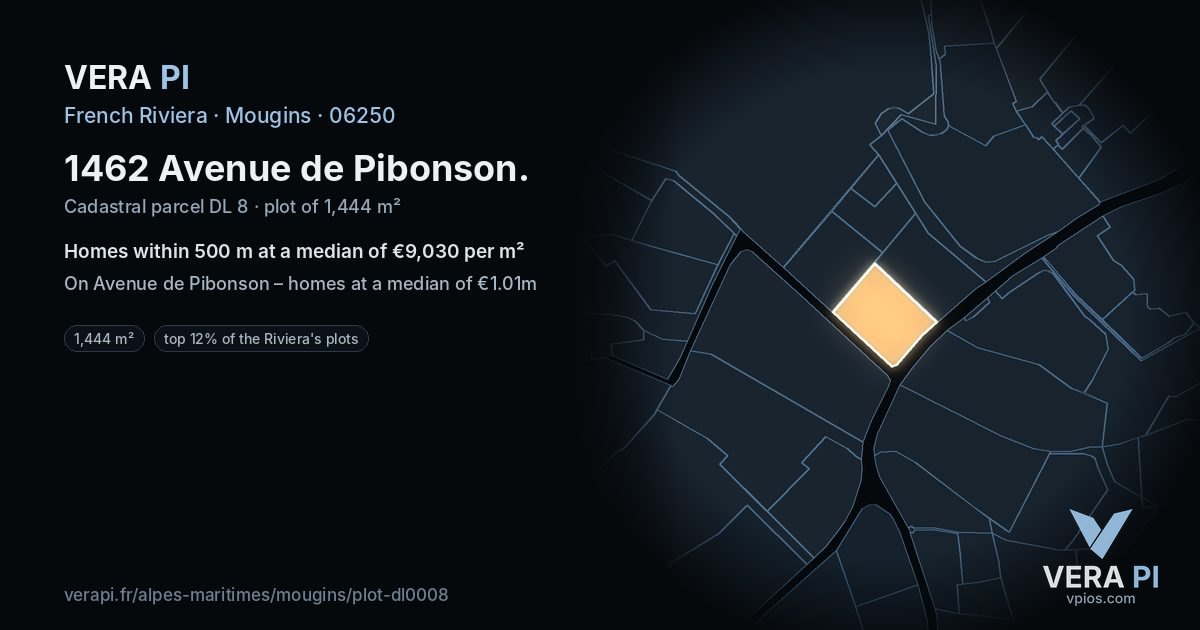 1462 Avenue de Pibonson, Mougins at night – the plot lit, the parcels around coloured by the prices near them