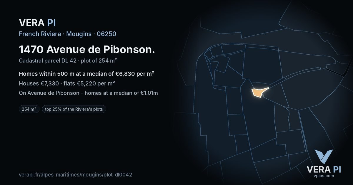 1470 Avenue de Pibonson, Mougins at night – the plot lit, the parcels around coloured by the prices near them