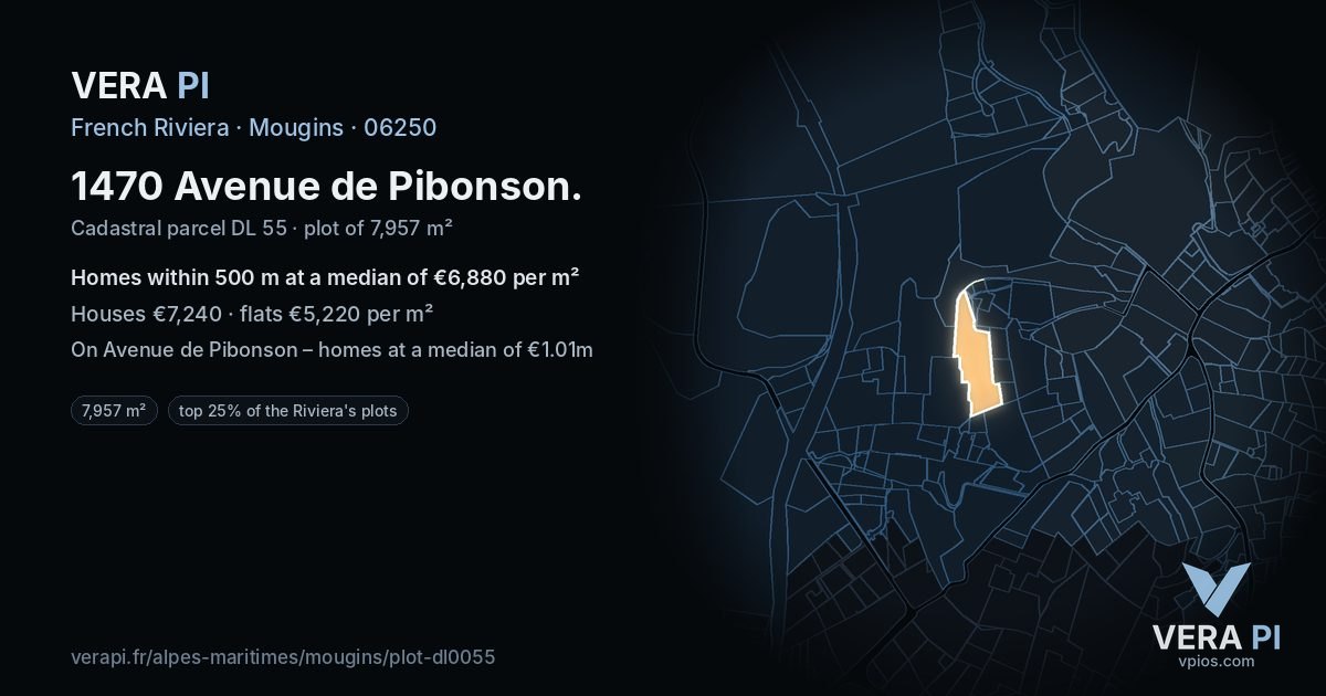 1470 Avenue de Pibonson, Mougins at night – the plot lit, the parcels around coloured by the prices near them