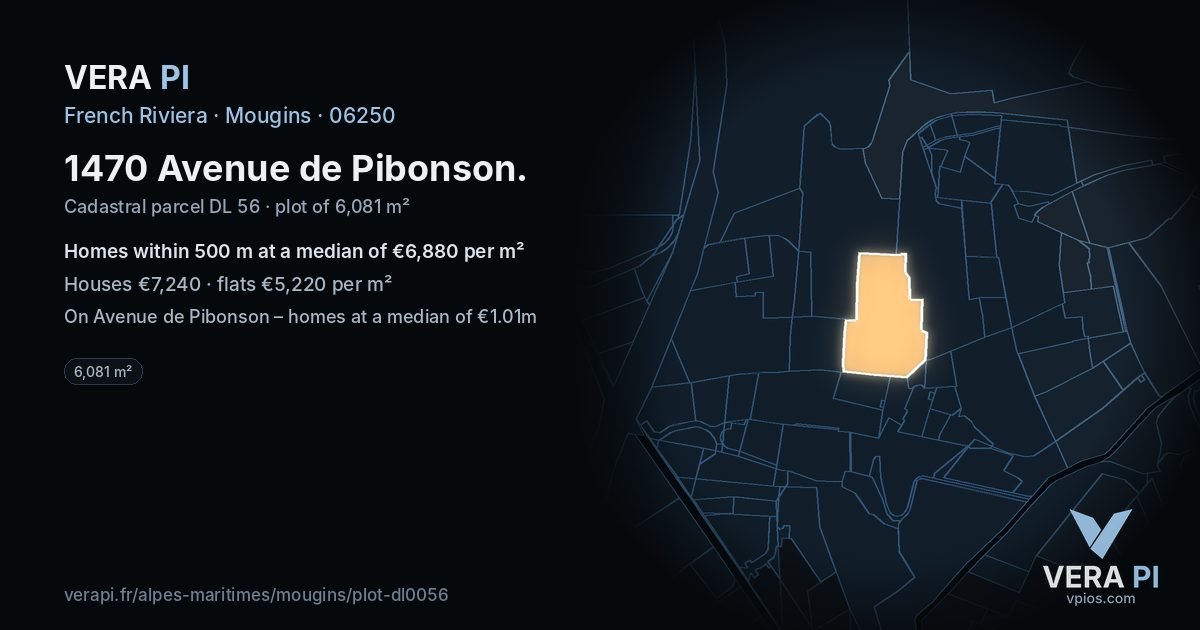 1470 Avenue de Pibonson, Mougins at night – the plot lit, the parcels around coloured by the prices near them