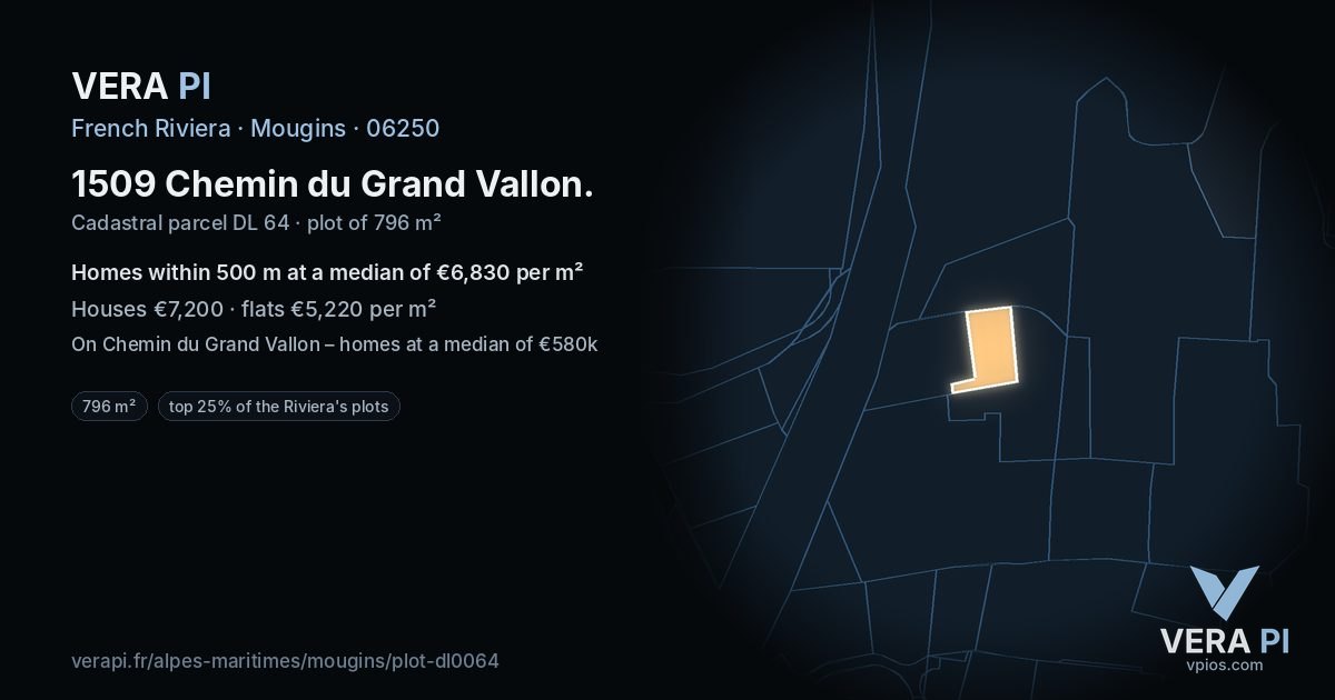 1509 Chemin du Grand Vallon, Mougins at night – the plot lit, the parcels around coloured by the prices near them