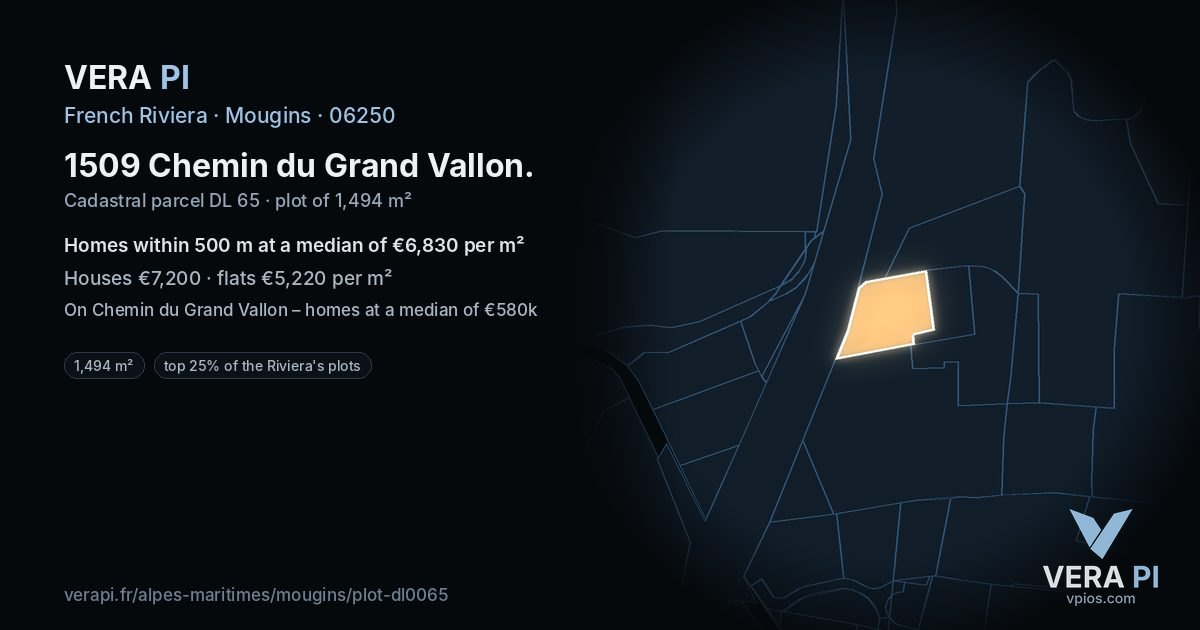 1509 Chemin du Grand Vallon, Mougins at night – the plot lit, the parcels around coloured by the prices near them