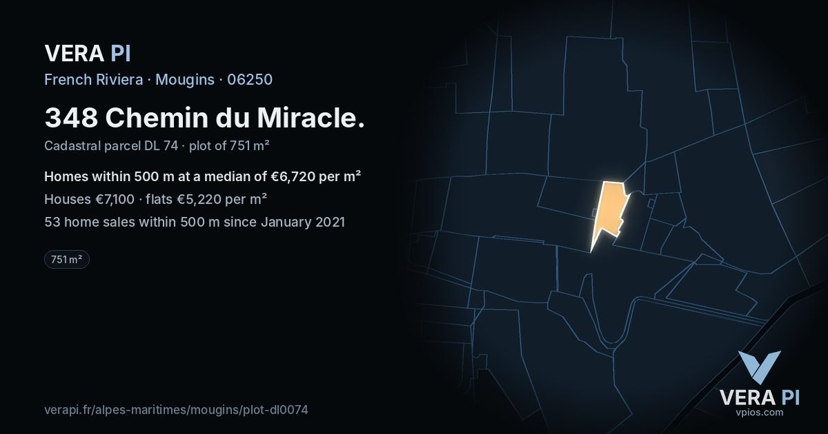348 Chemin du Miracle, Mougins at night – the plot lit, the parcels around coloured by the prices near them