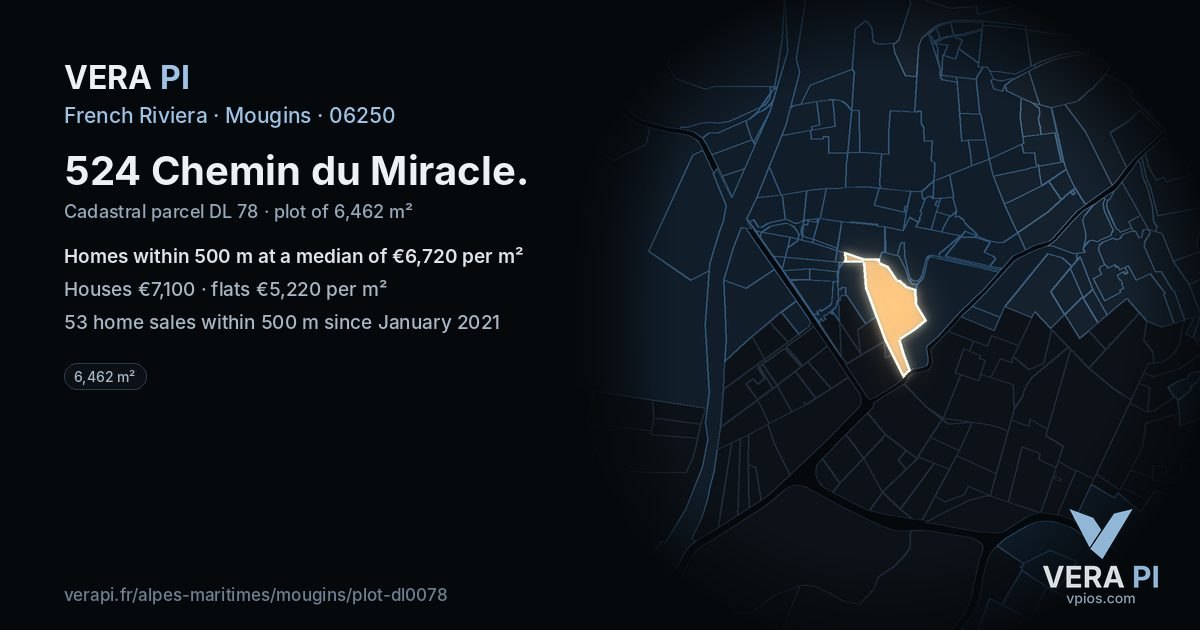 524 Chemin du Miracle, Mougins at night – the plot lit, the parcels around coloured by the prices near them