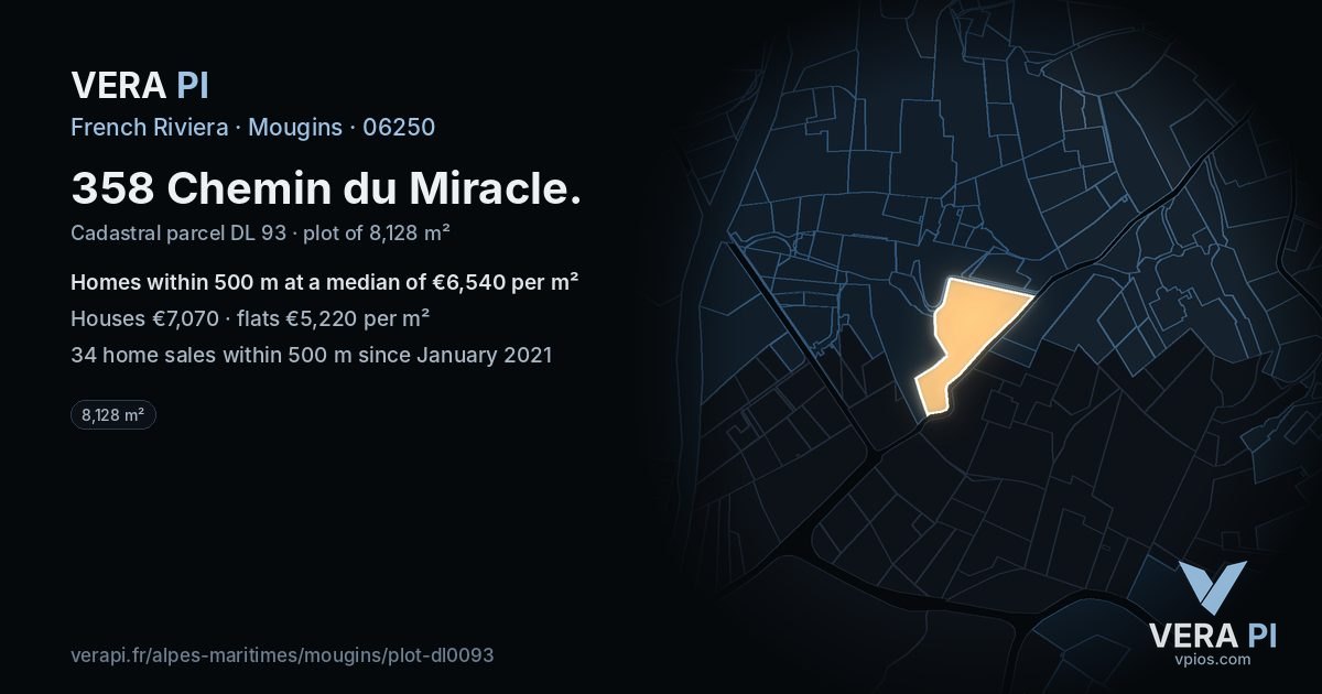 358 Chemin du Miracle, Mougins at night – the plot lit, the parcels around coloured by the prices near them