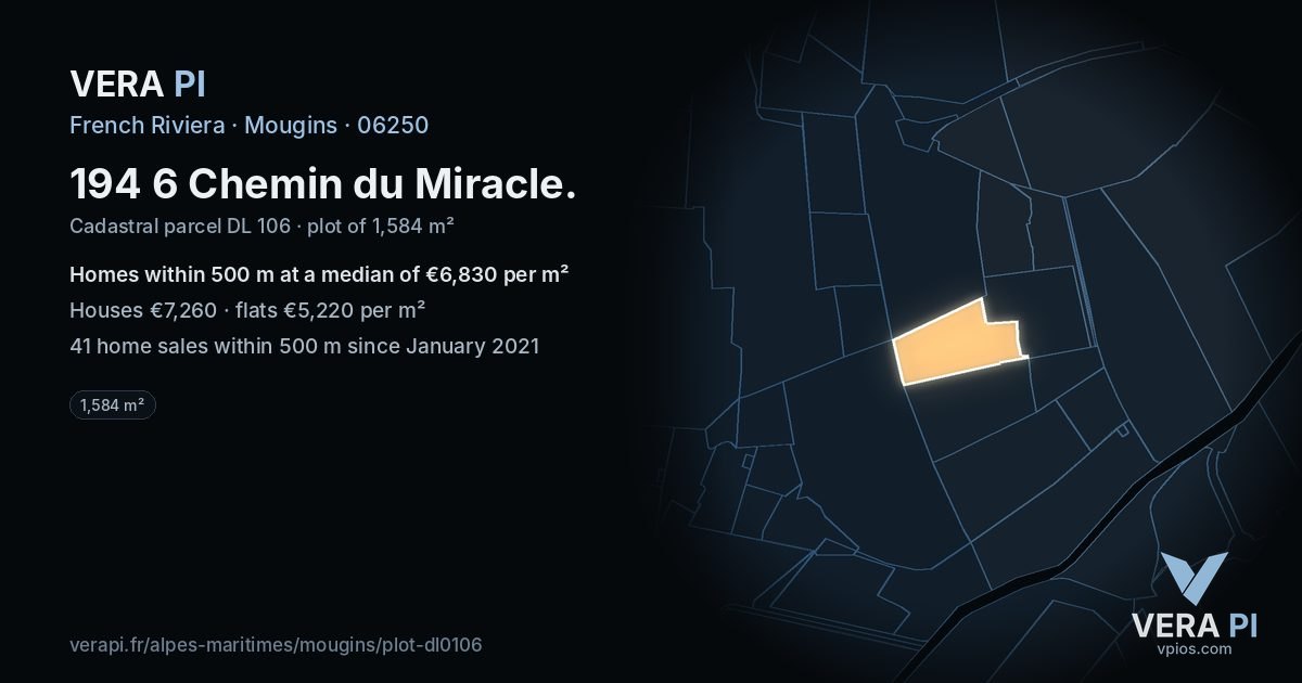 194 6 Chemin du Miracle, Mougins at night – the plot lit, the parcels around coloured by the prices near them