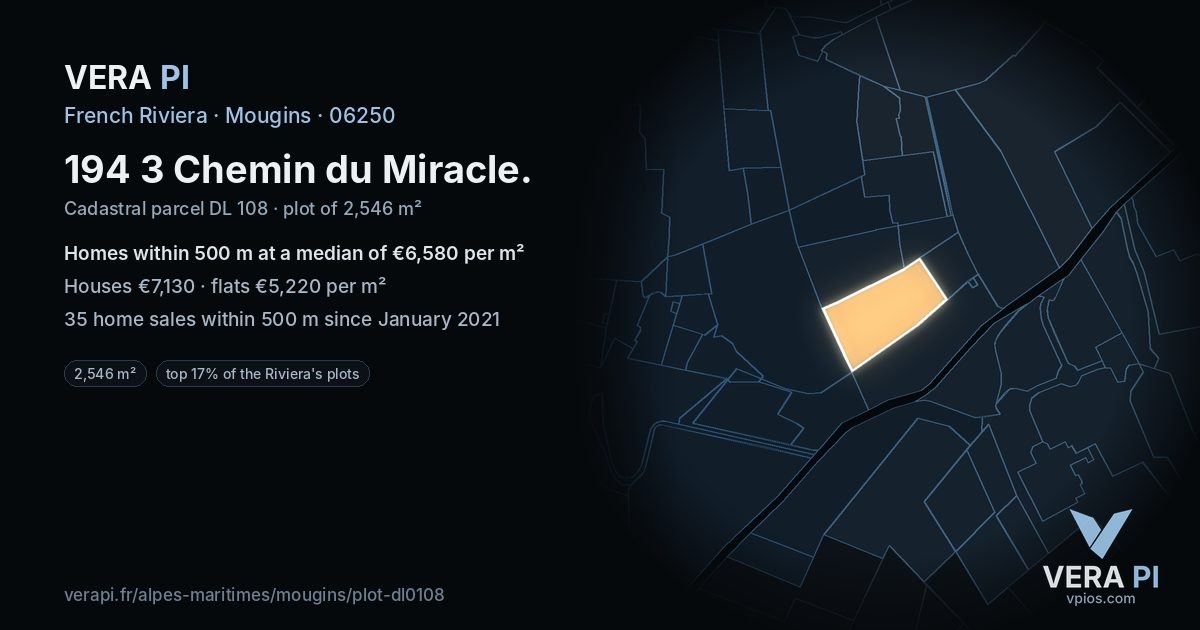 194 3 Chemin du Miracle, Mougins at night – the plot lit, the parcels around coloured by the prices near them