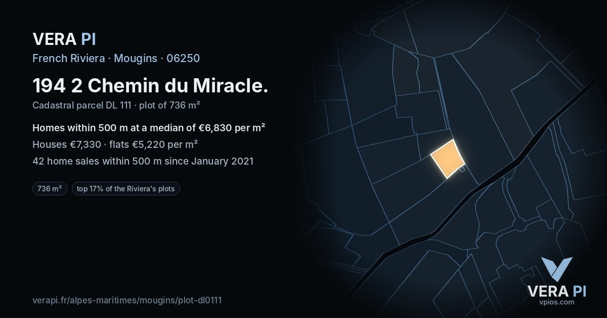 194 2 Chemin du Miracle, Mougins at night – the plot lit, the parcels around coloured by the prices near them