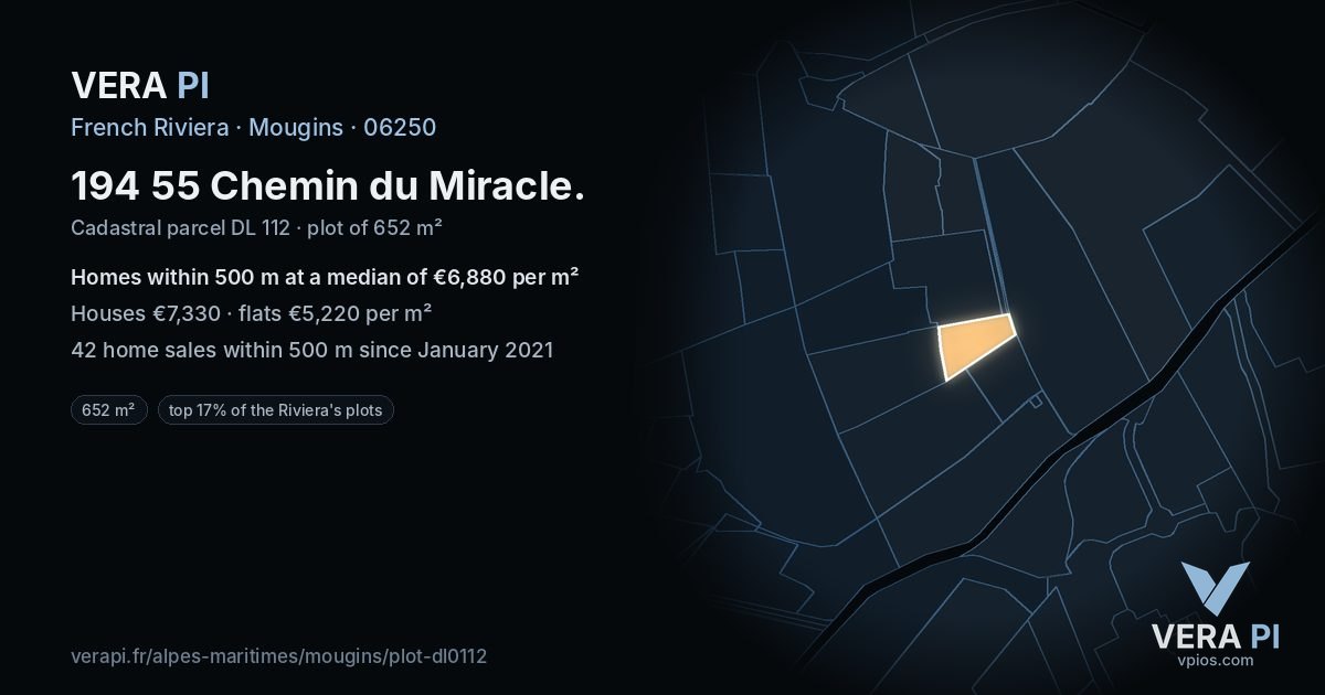 194 55 Chemin du Miracle, Mougins at night – the plot lit, the parcels around coloured by the prices near them